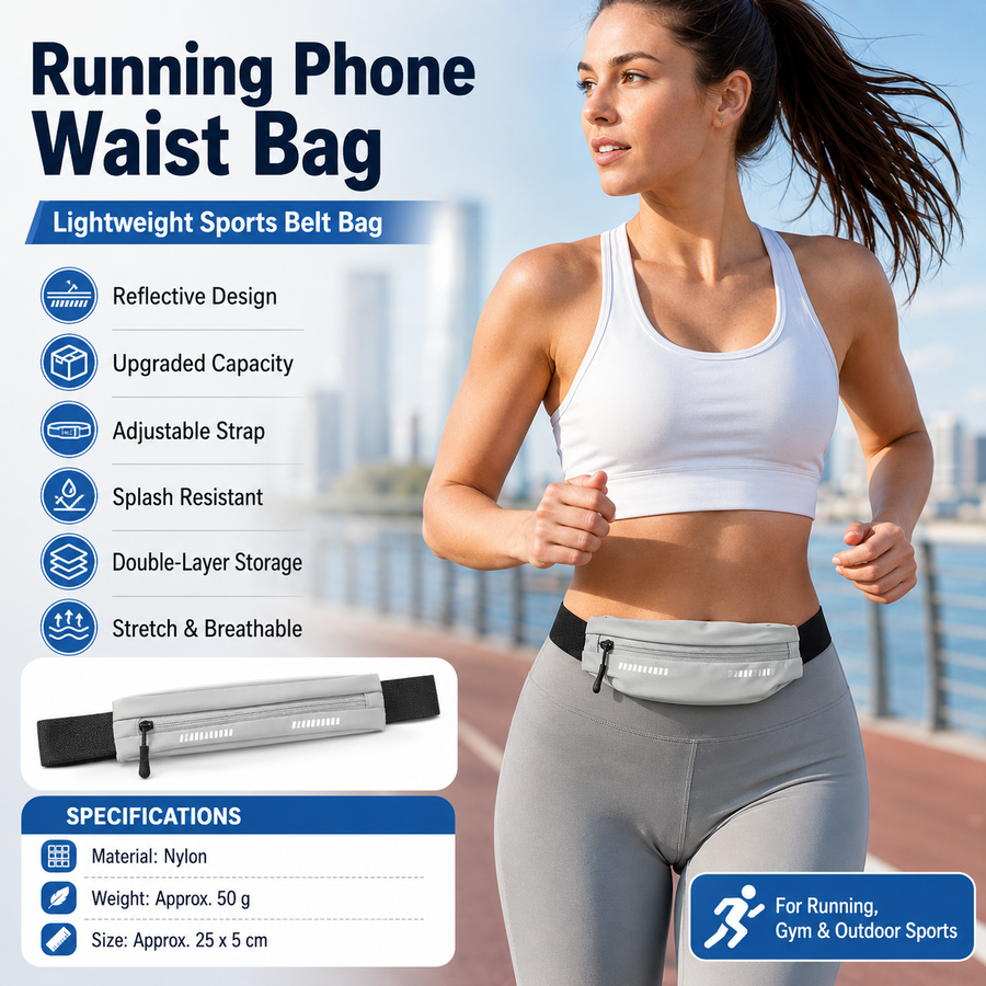 Grey Running Waist Belt - High Stretch Nylon Sports Fanny Pack with Reflective Strips, Lightweight Waterproof Phone Holder for Gym, Jogging and Outdoor Fitness