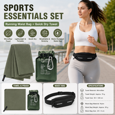 Outdoor Sports Combo Set - Green Microfiber Quick Dry Cooling Towel and Black Lightweight Running Waist Belt with Reflective Strips, Portable Gym Accessories for Fitness and Travel Suitable for sports; keeps hands free and makes wiping away sweat convenie