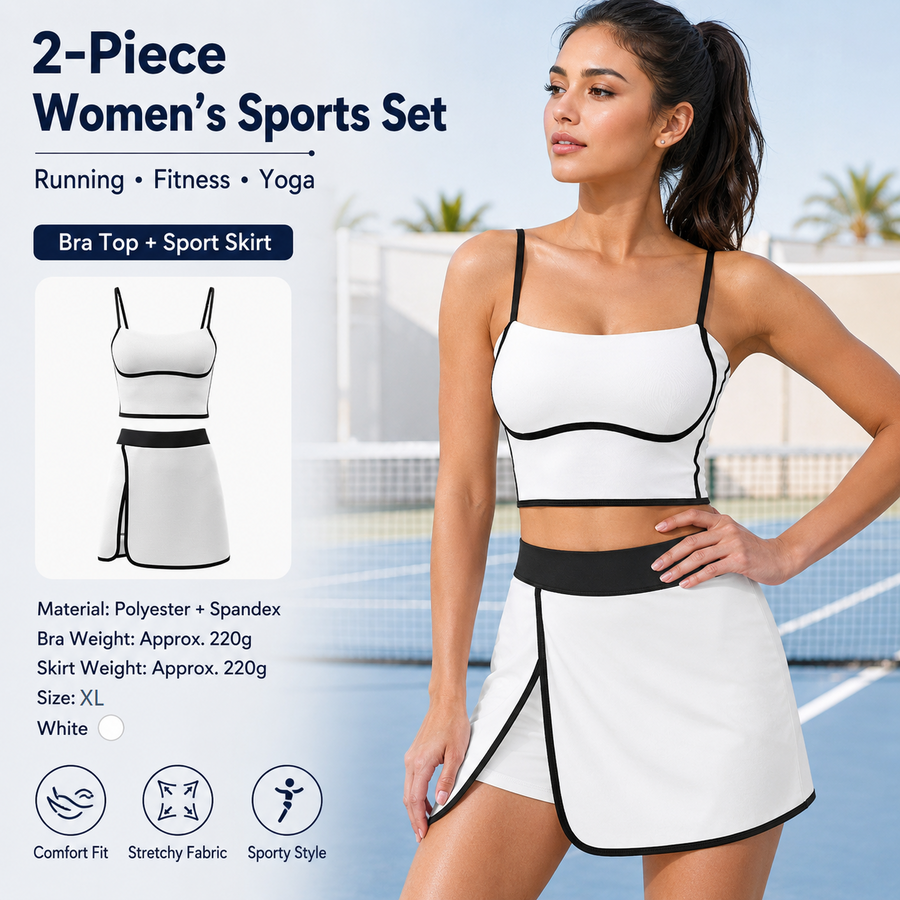 White XL Size Women's Linear Sports Set - Polyester Spandex Blend with Adjustable Straps, Removable Pads and Anti-Exposure Skirt for Yoga, Running and Gym