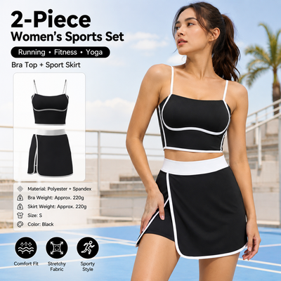 Black S Size Women's Linear Sports Set - Polyester Spandex Blend with Adjustable Straps, Removable Pads and Anti-Exposure Skirt for Yoga, Running and Gym