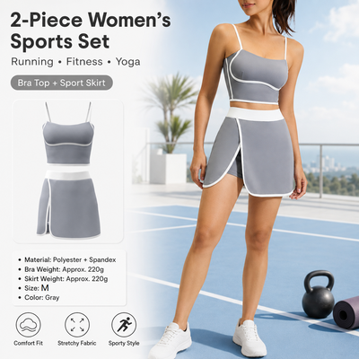 Grey M Size Women's Linear Sports Set - Polyester Spandex Blend with Adjustable Straps, Removable Pads and Anti-Exposure Skirt for Yoga, Running and Gym