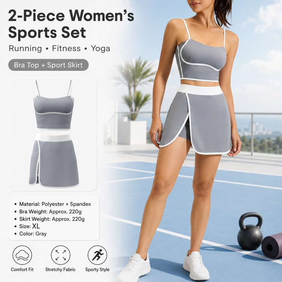 Grey XL Size Women's Linear Sports Set - Polyester Spandex Blend with Adjustable Straps, Removable Pads and Anti-Exposure Skirt for Yoga, Running and Gym