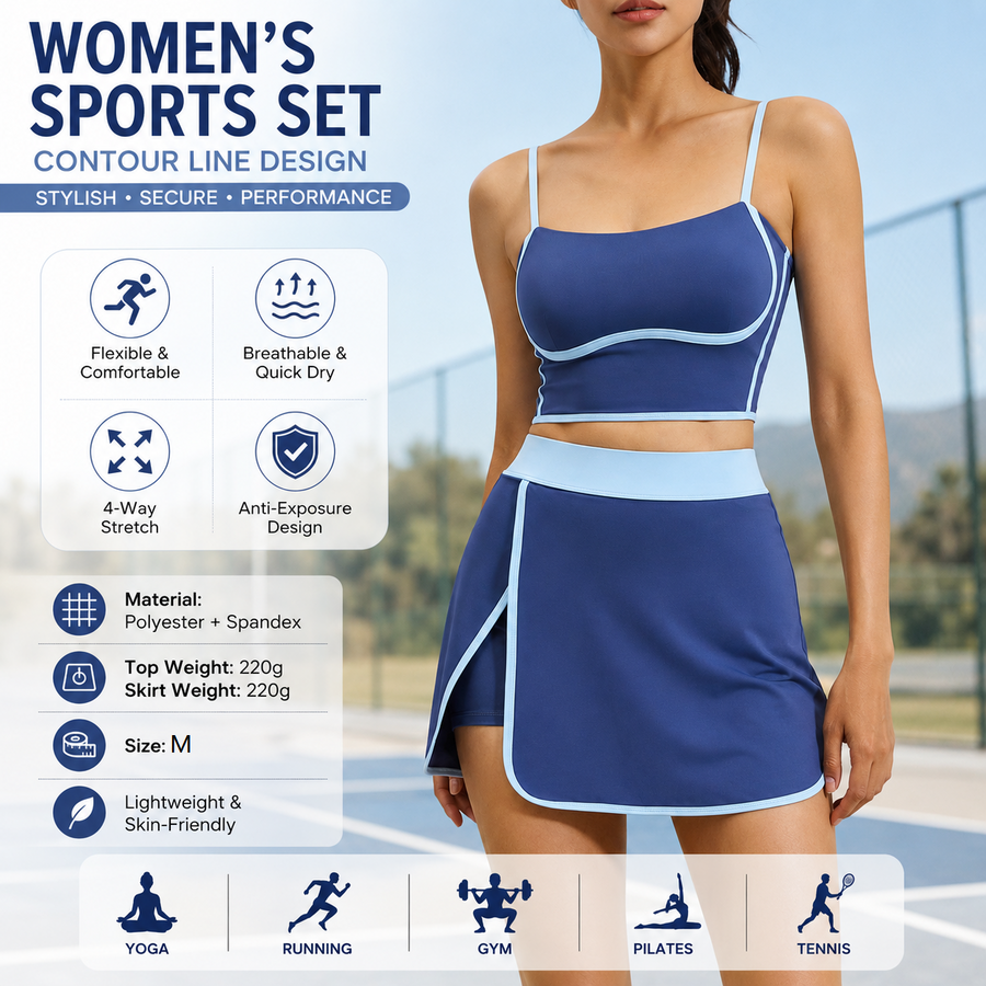 Blue M Size Women's Linear Sports Set - Polyester Spandex Blend with Adjustable Straps, Removable Pads and Anti-Exposure Skirt for Yoga, Running and Gym