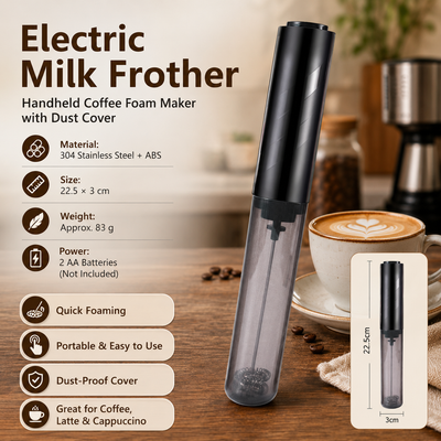 Black Electric Milk Frother Handheld - 304 Stainless Steel and ABS - Detachable Whisk, Dustproof Cover, Quiet Operation, Battery Powered （Batteries not included product） for Coffee Latte Matcha