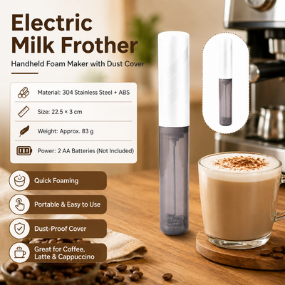 White Electric Milk Frother Handheld - 304 Stainless Steel and ABS - Detachable Whisk, Dustproof Cover, Quiet Operation, Battery Powered （Batteries not included product） for Coffee Latte Matcha