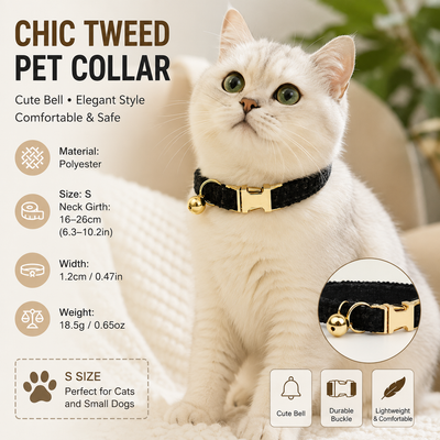 S Size Black Chic Tweed Pet Collar - Polyester with Gold Bell and Adjustable Buckle - Soft Lightweight Neckwear for Cats and Small Dogs, 16-26cm Fit