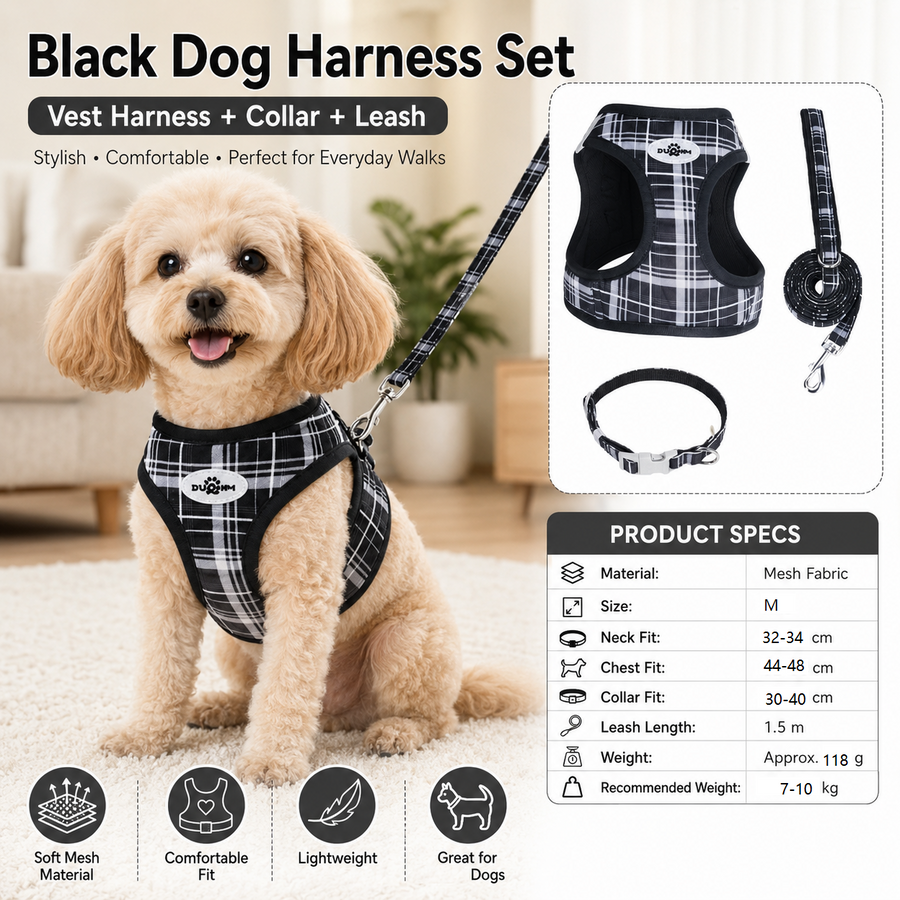M Size Black Classic Plaid Dog Harness Set- Breathable Mesh Vest and Adjustable Collar,WIith 1.5m Lead for pet, Anti-Pull Design