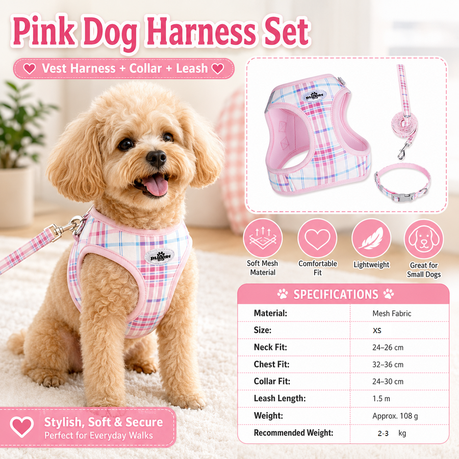XS Size Pink Classic Plaid Dog Harness Set- Breathable Mesh Vest and Adjustable Collar,WIith 1.5m Lead for pet, Anti-Pull Design