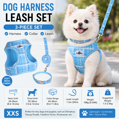 XXS Size Blue Classic Plaid Dog Harness Set- Breathable Mesh Vest and Adjustable Collar,WIith 1.5m Lead for pet, Anti-Pull Design