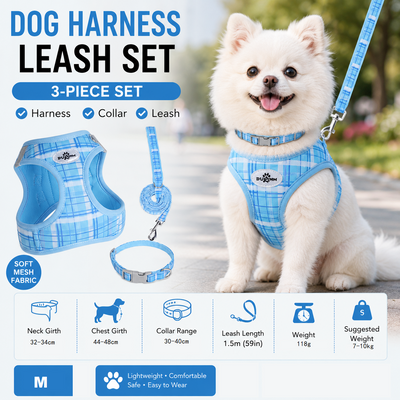M Size Blue Classic Plaid Dog Harness Set- Breathable Mesh Vest and Adjustable Collar,WIith 1.5m Lead for pet, Anti-Pull Design