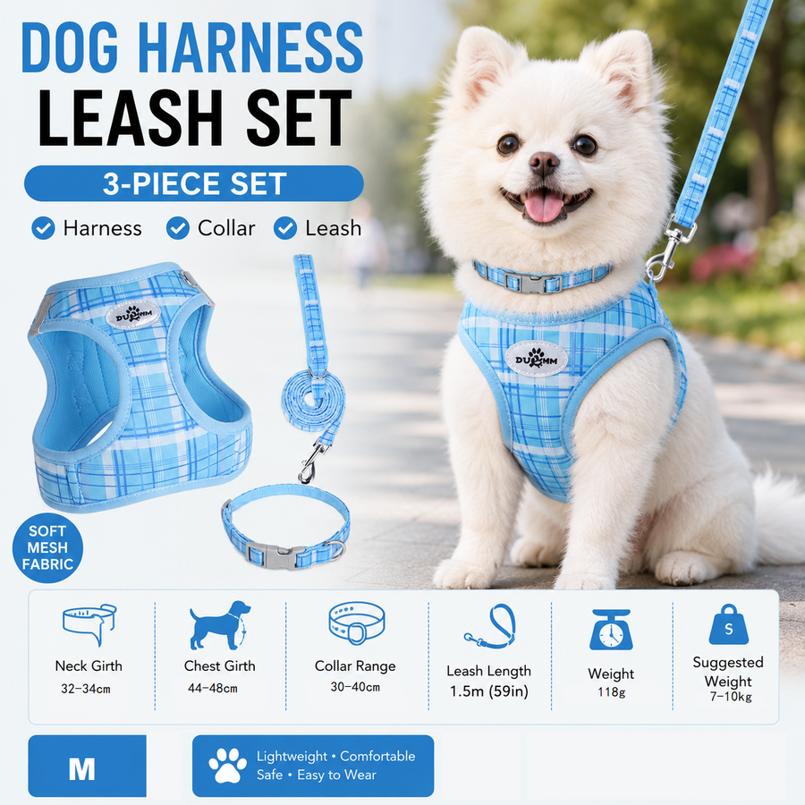 M Size Blue Classic Plaid Dog Harness Set- Breathable Mesh Vest and Adjustable Collar,WIith 1.5m Lead for pet, Anti-Pull Design