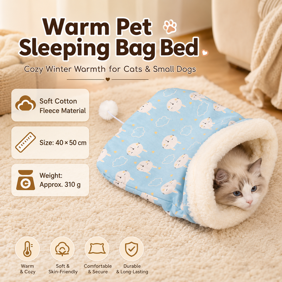 Cat Sleeping Bag - Blue Cotton Plush 40 x 50 cm Cosy Cave Bed with Wraparound Warmth, Soft Pet Nest for Indoor Cats and Small Dogs