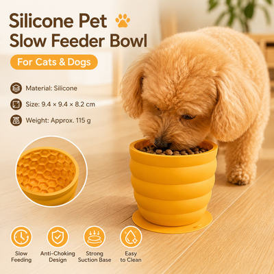 Silicone Slow Feeder Dog Bowl - Small Yellow 9.4 x 9.4 x 8.2 cm, Suction Base, Anti Gulp Design, Easy Clean Pet Bowl for Dogs and Cats