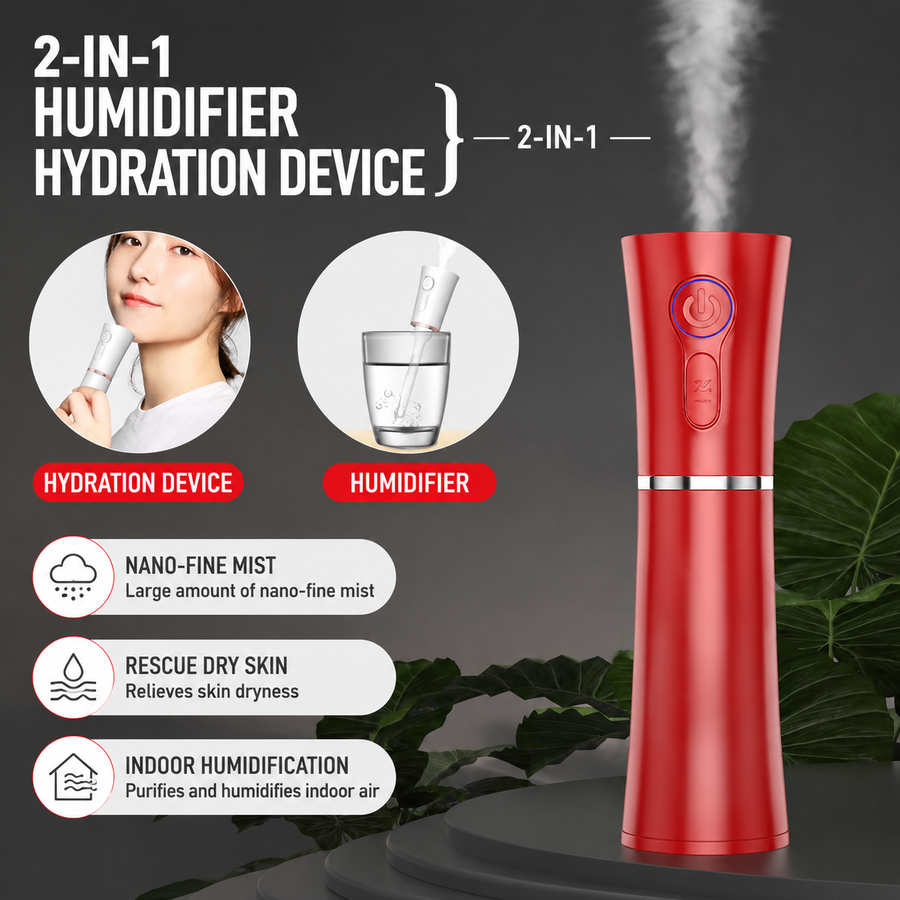 Red 2 in 1 Portable Facial Mist Humidifier Nano Mist Sprayer Hydration Device USB Rechargeable Skin Moisturising Sprayer for Home Office Travel Beauty Skincare