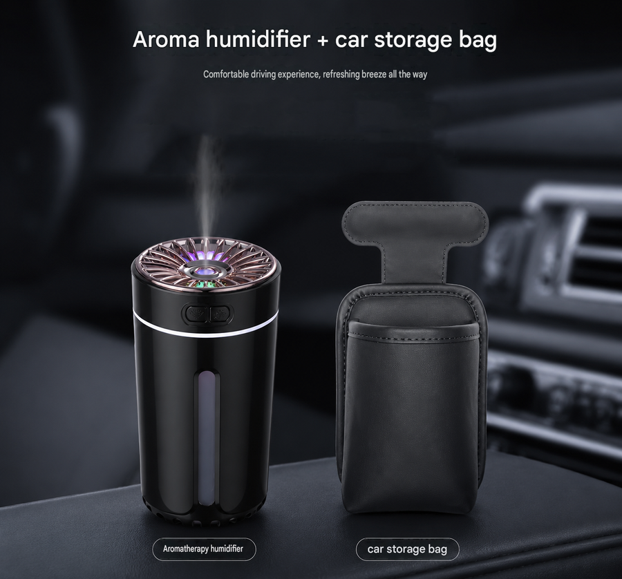 Black Car Aroma Diffuser Humidifier with Storage Box, USB Powered Car Air Freshener Mist Maker, Portable Vehicle Humidifier with Organizer Holder, Essential Oil Diffuser for Auto Interior Decoration