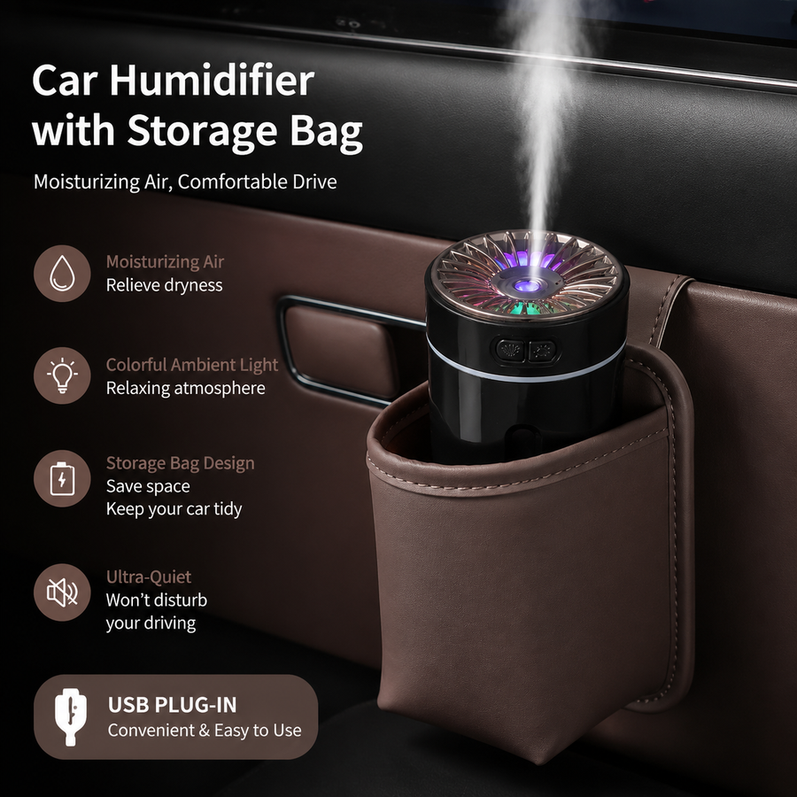 Black Car Aroma Diffuser Humidifier with Brown Storage Box, USB Powered Car Air Freshener Mist Maker, Portable Vehicle Humidifier with Organizer Holder, Essential Oil Diffuser for Auto Interior Decoration