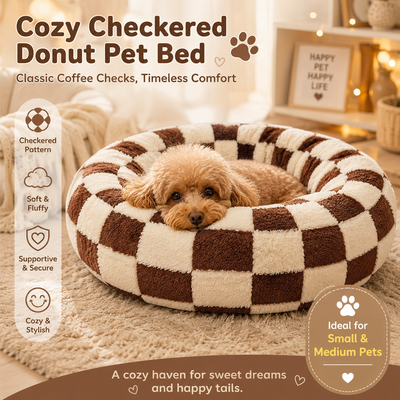 Small Medium Pet Donut Bed (Coffee plaid)-40cm outer diameter, Soft Plush Round Dog Bed and Cat Bed with Raised Rim, Cozy Calming Pet Sleeping Cushion, Checkered Washable Puppy Bed for Indoor Small Dogs Cats and Kittens