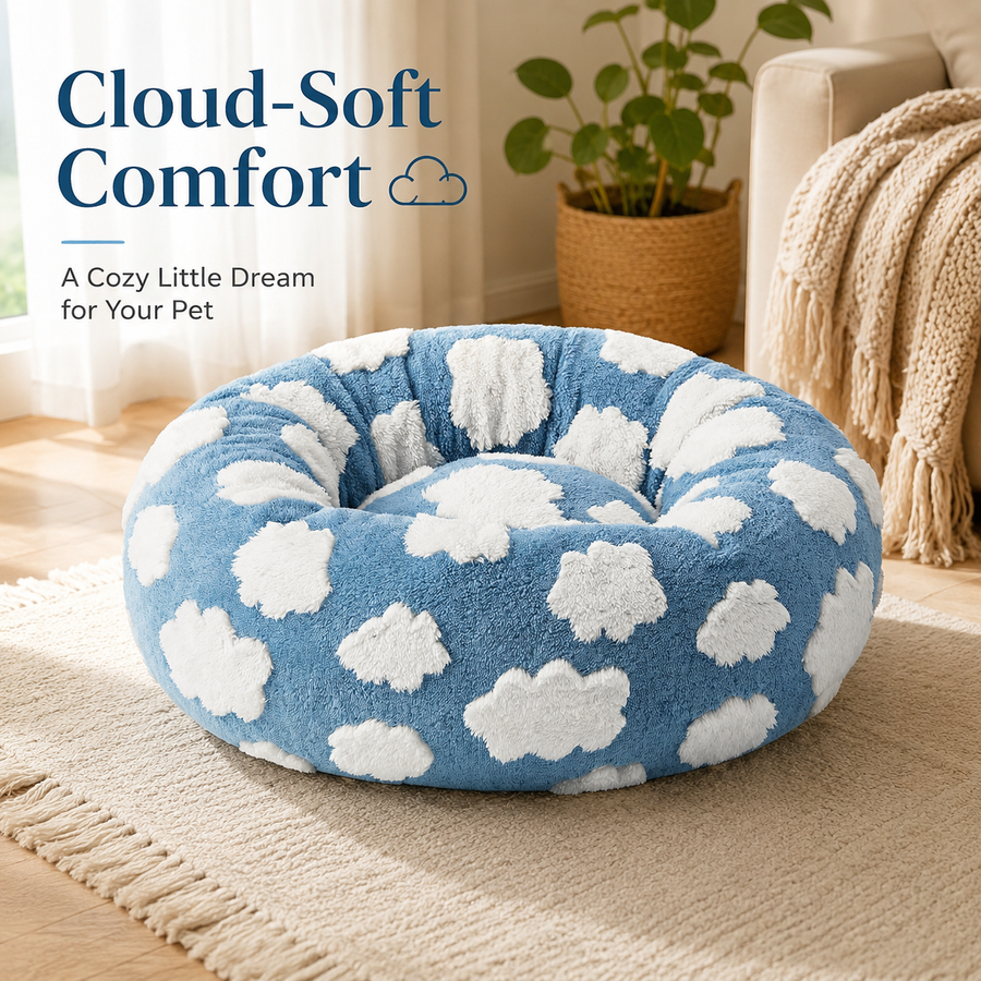 Medium Large Pet Donut Bed (Blue background with white clouds)-100cm outer diameter, Soft Plush Round Dog Bed and Cat Bed with Raised Rim, Cozy Calming Pet Sleeping Cushion, Blue Cloud Pattern Washable Pet Bed for Medium Large Dogs and Cats