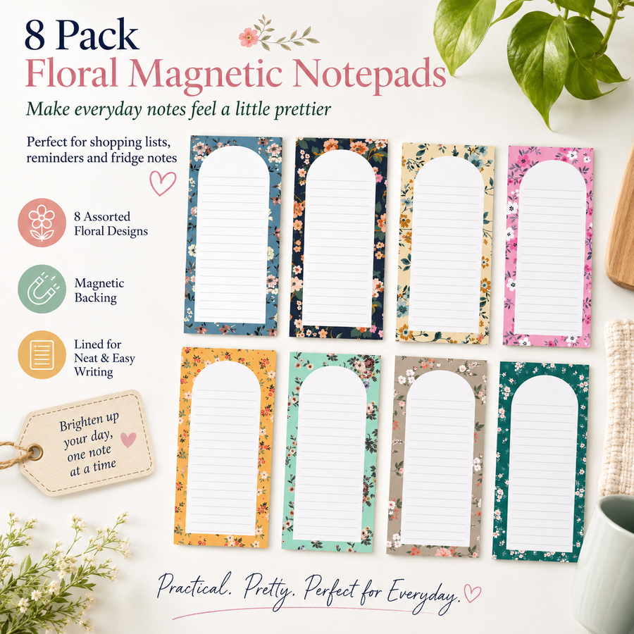 8 Pack Floral Magnetic Notepads for Fridge, Cute Shopping List Planner Memo Pads with 25 Sheets Each, Tear Off Weekly To Do List Notes for Home Kitchen Office School Organisation and Daily Reminders