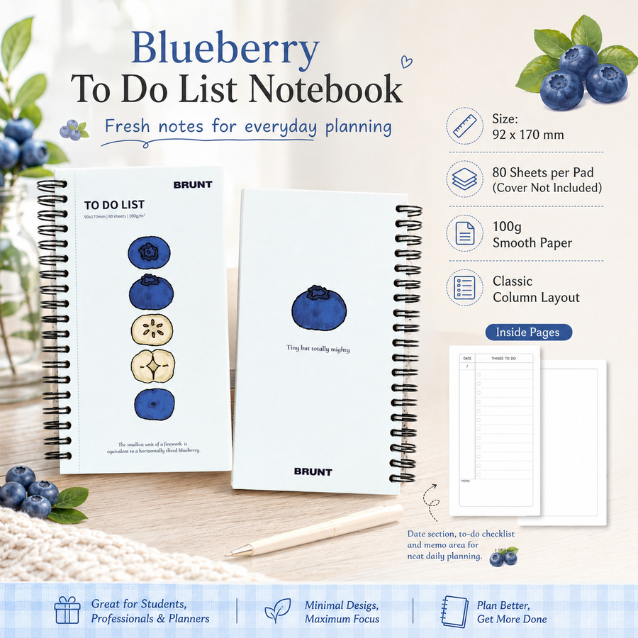 Fruit Series To Do List Notebook (Blueberry) – Spiral Bound Journal with Cute Fruit Cover, 80 Sheets, Portable Planner for Daily Notes, Study, Office and Personal Organisation