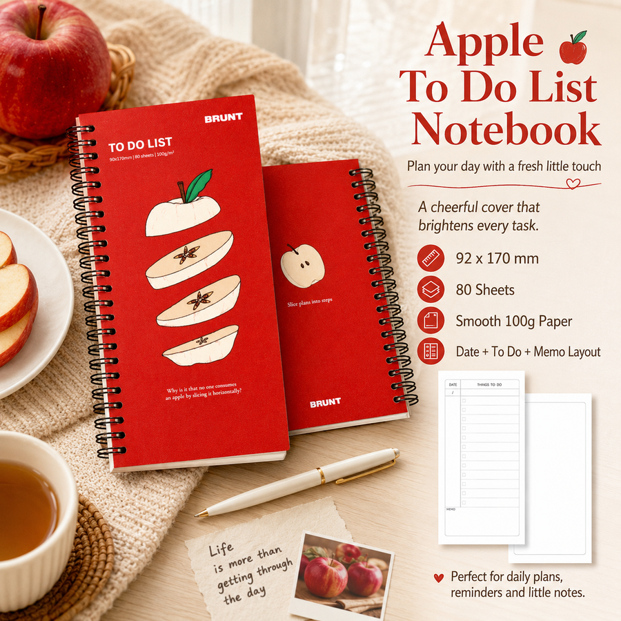 Fruit Series To Do List Notebook (Apple) – Spiral Bound Journal with Cute Fruit Cover, 80 Sheets, Portable Planner for Daily Notes, Study, Office and Personal Organisation