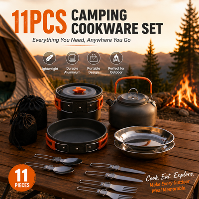 11PCS Orange Camping Cookware Set – Lightweight Aluminium Camping Pots, Frying Pan, Kettle & Stainless Steel Cutlery, Portable Non-Stick Outdoor Cooking Set for 2-3 Person Camping, Hiking, Backpacking & Picnic