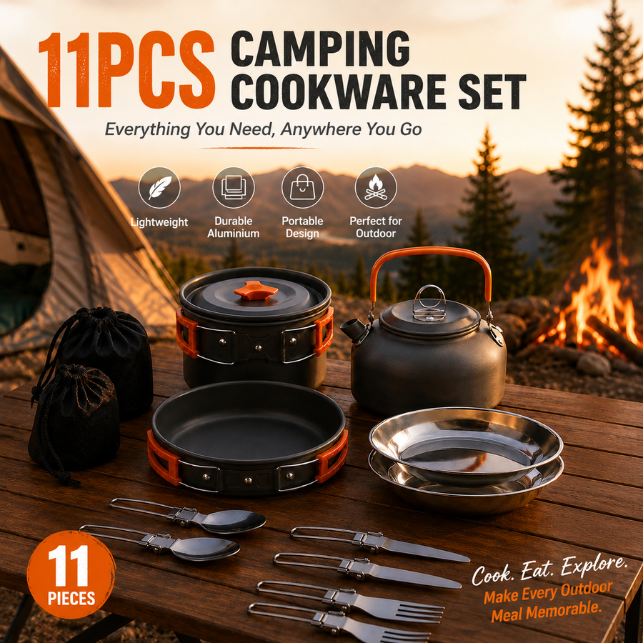 11PCS Orange Camping Cookware Set – Lightweight Aluminium Camping Pots, Frying Pan, Kettle & Stainless Steel Cutlery, Portable Non-Stick Outdoor Cooking Set for 2-3 Person Camping, Hiking, Backpacking & Picnic