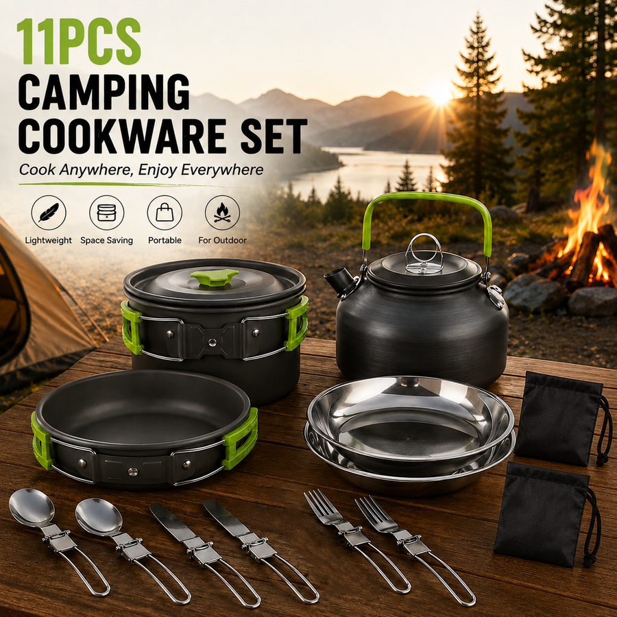 11PCS Green Camping Cookware Set – Lightweight Aluminium Camping Pots, Frying Pan, Kettle & Stainless Steel Cutlery, Portable Non-Stick Outdoor Cooking Set for 2-3 Person Camping, Hiking, Backpacking & Picnic