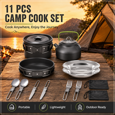 11PCS Black Camping Cookware Set – Lightweight Aluminium Camping Pots, Frying Pan, Kettle & Stainless Steel Cutlery, Portable Non-Stick Outdoor Cooking Set for 2-3 Person Camping, Hiking, Backpacking & Picnic