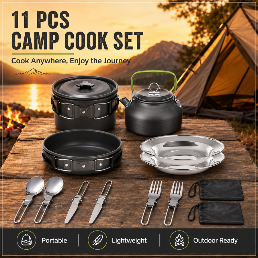 11PCS Black Camping Cookware Set – Lightweight Aluminium Camping Pots, Frying Pan, Kettle & Stainless Steel Cutlery, Portable Non-Stick Outdoor Cooking Set for 2-3 Person Camping, Hiking, Backpacking & Picnic