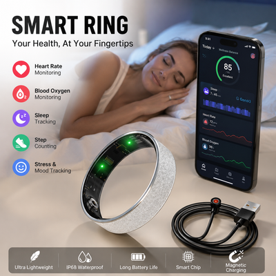 Smart Ring Size 10 (Silver) – Frosted Silver Wellness Tracker with Heart Rate, Blood Oxygen, Sleep, Steps and Mood Monitoring, IP68 Waterproof USB Magnetic Charging Ring