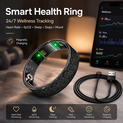 Smart Ring Size 10 (Black) – Frosted Black Wellness Tracker with Heart Rate, Blood Oxygen, Sleep, Steps and Mood Monitoring, IP68 Waterproof USB Magnetic Charging Ring