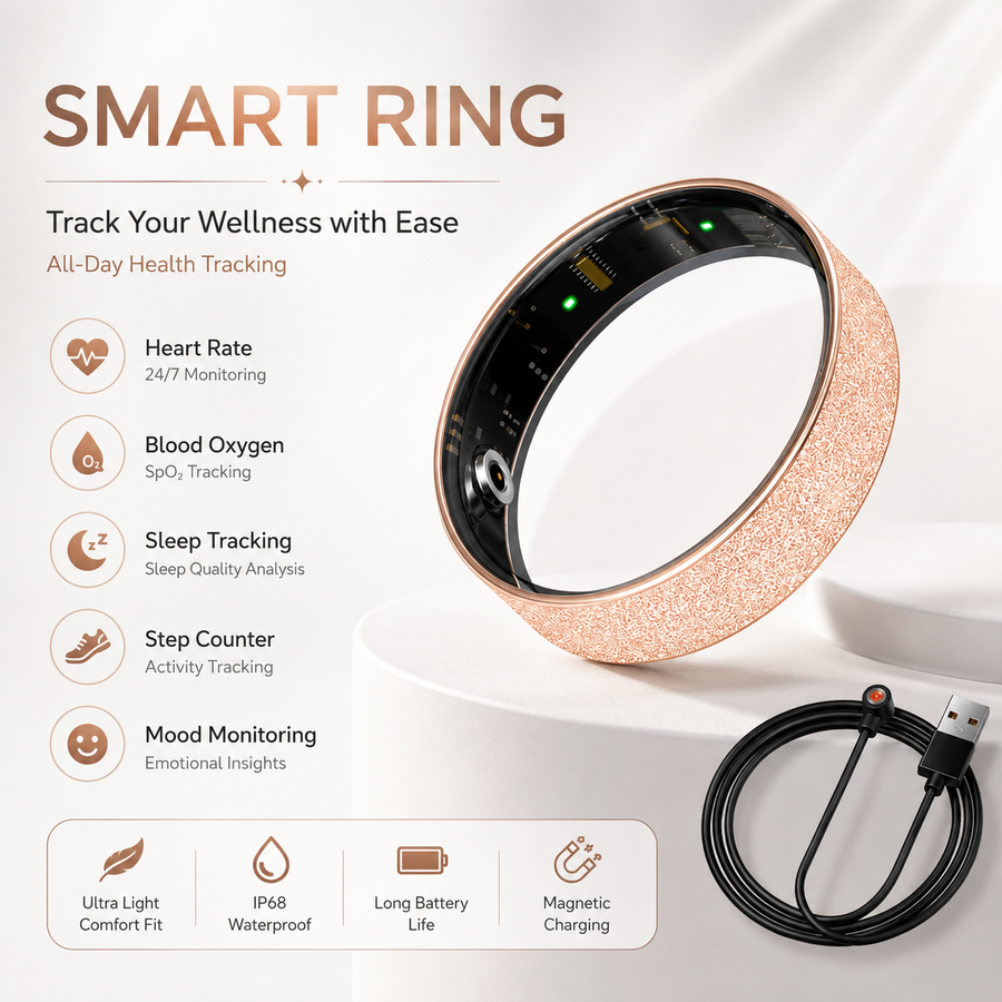 Smart Ring Size 8 (Rose Gold) – Frosted Rose Gold Wellness Tracker with Heart Rate, Blood Oxygen, Sleep, Steps and Mood Monitoring, IP68 Waterproof USB Magnetic Charging Ring
