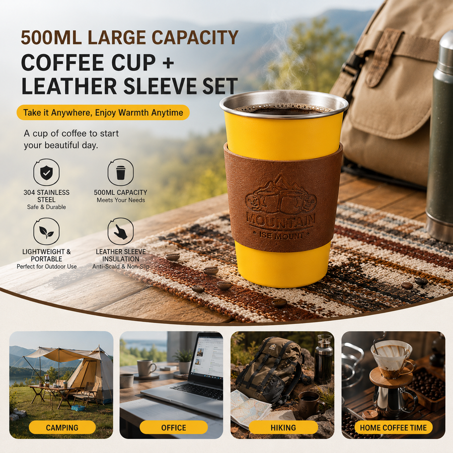 Yellow 304 Stainless Steel Camping Coffee Cup  with Leather Sleeve – 500ml Portable Outdoor Drinking Cup, Beer Cup, Travel Mug for Camping, Hiking, Picnic and Daily Coffee