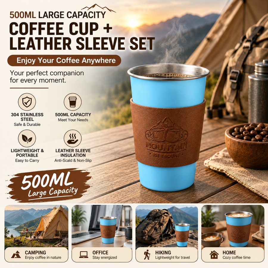 Blue 304 Stainless Steel Camping Coffee Cup  with Leather Sleeve – 500ml Portable Outdoor Drinking Cup, Beer Cup, Travel Mug for Camping, Hiking, Picnic and Daily Coffee