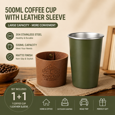 Green 304 Stainless Steel Camping Coffee Cup  with Leather Sleeve – 500ml Portable Outdoor Drinking Cup, Beer Cup, Travel Mug for Camping, Hiking, Picnic and Daily Coffee