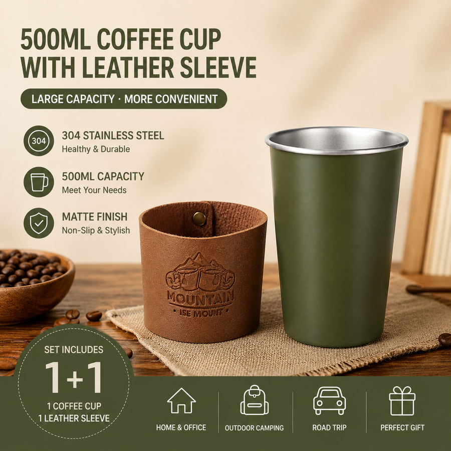Green 304 Stainless Steel Camping Coffee Cup  with Leather Sleeve – 500ml Portable Outdoor Drinking Cup, Beer Cup, Travel Mug for Camping, Hiking, Picnic and Daily Coffee