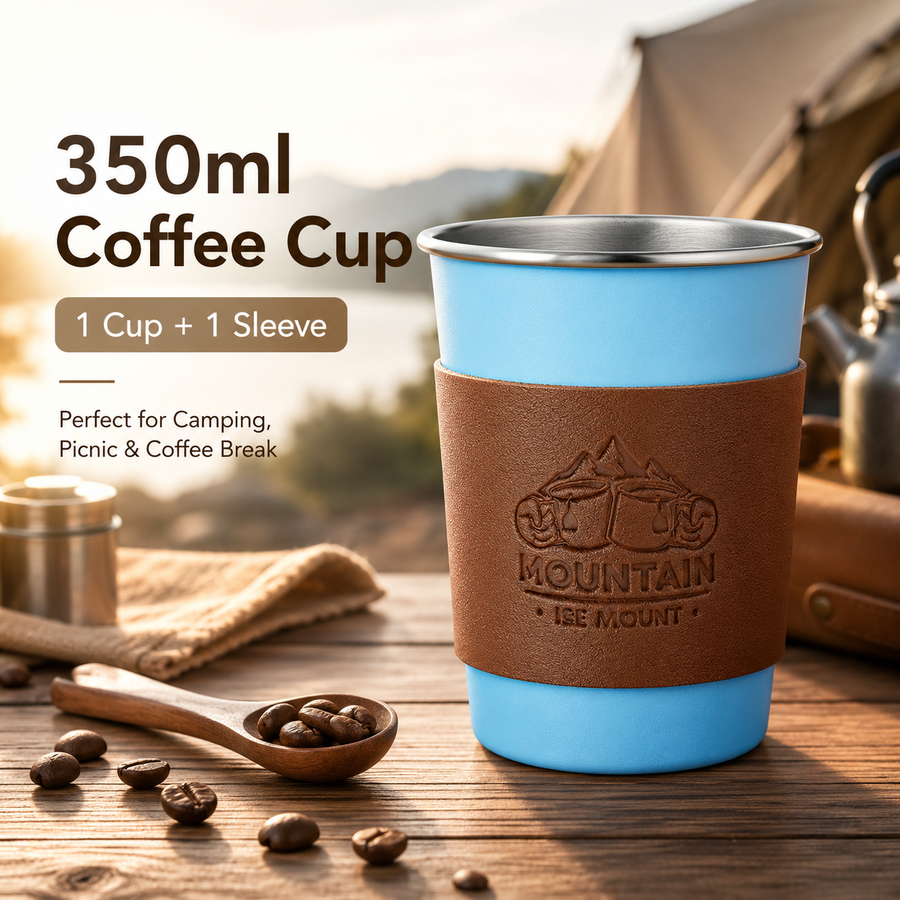 Blue 304 Stainless Steel Camping Coffee Cup  with Leather Sleeve – 350ml Portable Outdoor Drinking Cup, Beer Cup, Travel Mug for Camping, Hiking, Picnic and Daily Coffee