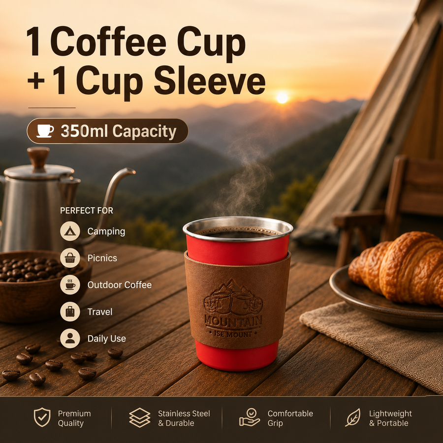Red 304 Stainless Steel Camping Coffee Cup  with Leather Sleeve – 350ml Portable Outdoor Drinking Cup, Beer Cup, Travel Mug for Camping, Hiking, Picnic and Daily Coffee