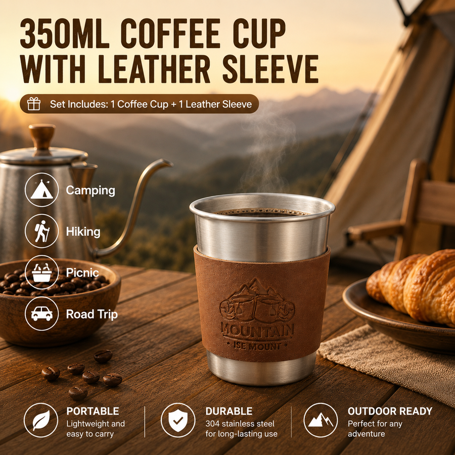Silver 304 Stainless Steel Camping Coffee Cup  with Leather Sleeve – 350ml Portable Outdoor Drinking Cup, Beer Cup, Travel Mug for Camping, Hiking, Picnic and Daily Coffee