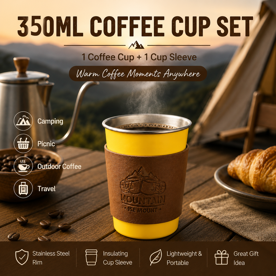 Yellow 304 Stainless Steel Camping Coffee Cup  with Leather Sleeve – 350ml Portable Outdoor Drinking Cup, Beer Cup, Travel Mug for Camping, Hiking, Picnic and Daily Coffee