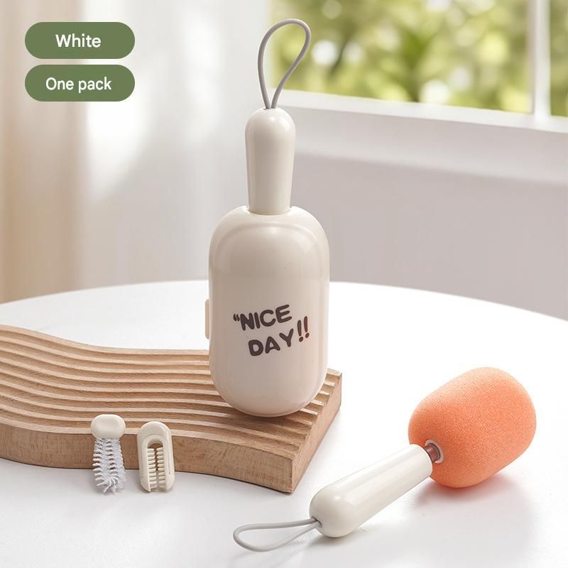 White Portable 3-in-1 Cup Cleaning Brush Set – Extendable long-handled sponge head cup brush, silicone rim brush, and crevice brush; travel cup cleaner with storage case