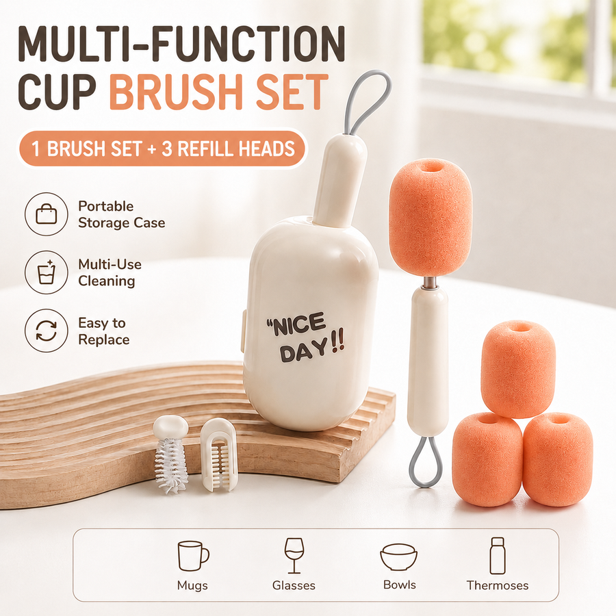 White Portable 3-in-1 Cup Cleaning Brush Set with 3 Replacement Sponge Heads – Retractable Long Handle Bottle Brush for Travel Mugs, Coffee Cups, Water Bottles, Tumblers,Camping, Office & Home Use