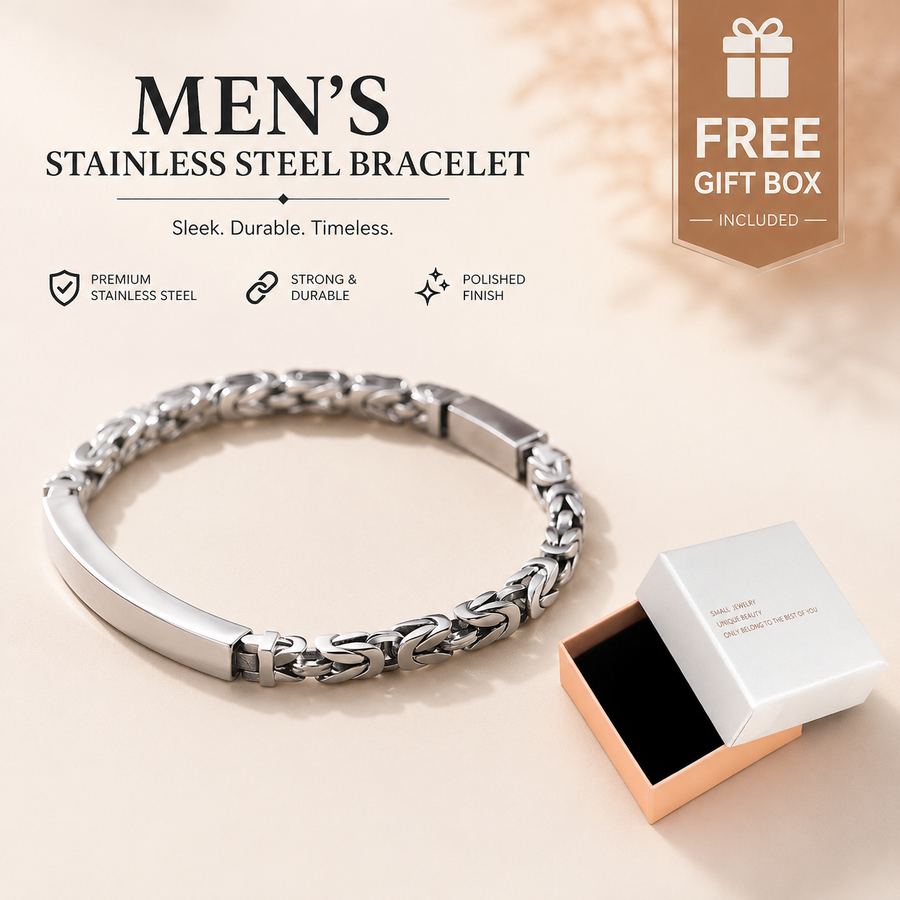 Men's Stainless Steel Byzantine Link Bracelet 20cm (7.87in) – Vintage Woven Chain Bangle, Minimalist ID Plate, Secure Clasp, Everyday Casual, Business, Anniversary Gift