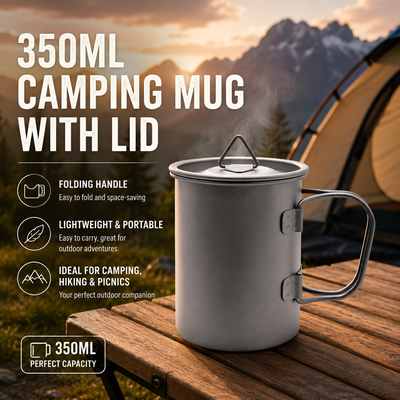 Camping Mug 350ml (11.83oz) with Lid – Ultra Lightweight Titanium Coffee Cup, Foldable Handle Outdoor Water Cup for Camping, Hiking, Travel, Backpacking and Adventure