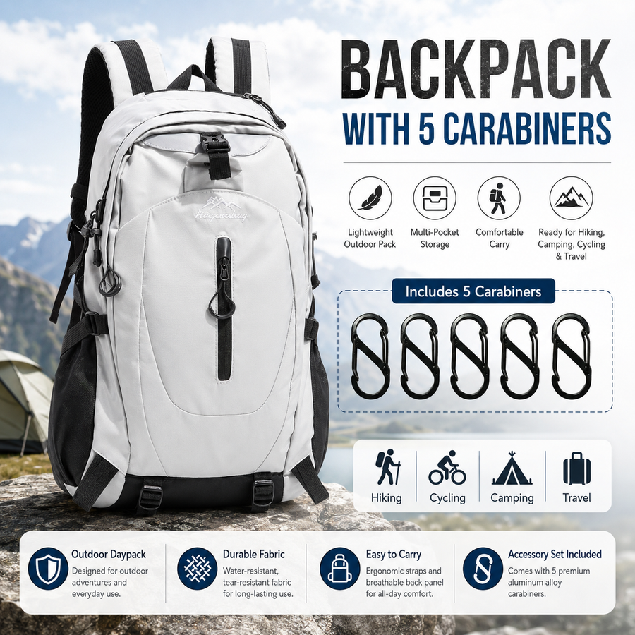 Gray Hiking Backpack with 5 Carabiners Included – Lightweight Waterproof Outdoor Daypack for Men and Women, Breathable Cycling Hiking Trekking Camping Travel Backpack