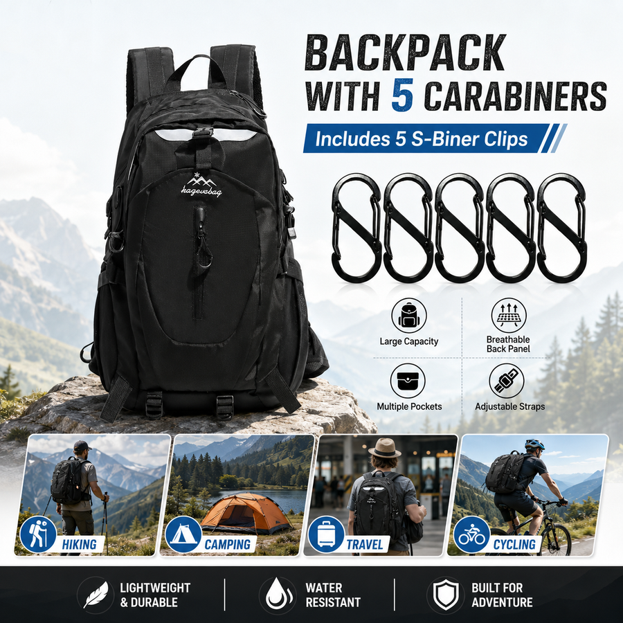 Black Hiking Backpack with 5 Carabiners Included – Lightweight Waterproof Outdoor Daypack for Men and Women, Breathable Cycling Hiking Trekking Camping Travel Backpack