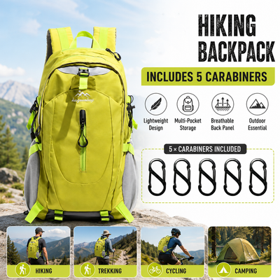Fluorescent Green Hiking Backpack with 5 Carabiners Included – Lightweight Waterproof Outdoor Daypack for Men and Women, Breathable Cycling Hiking Trekking Camping Travel Backpack
