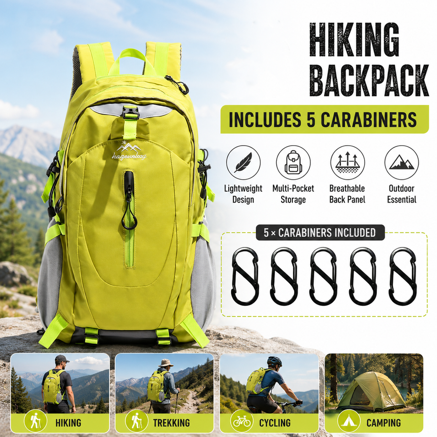 Fluorescent Green Hiking Backpack with 5 Carabiners Included – Lightweight Waterproof Outdoor Daypack for Men and Women, Breathable Cycling Hiking Trekking Camping Travel Backpack