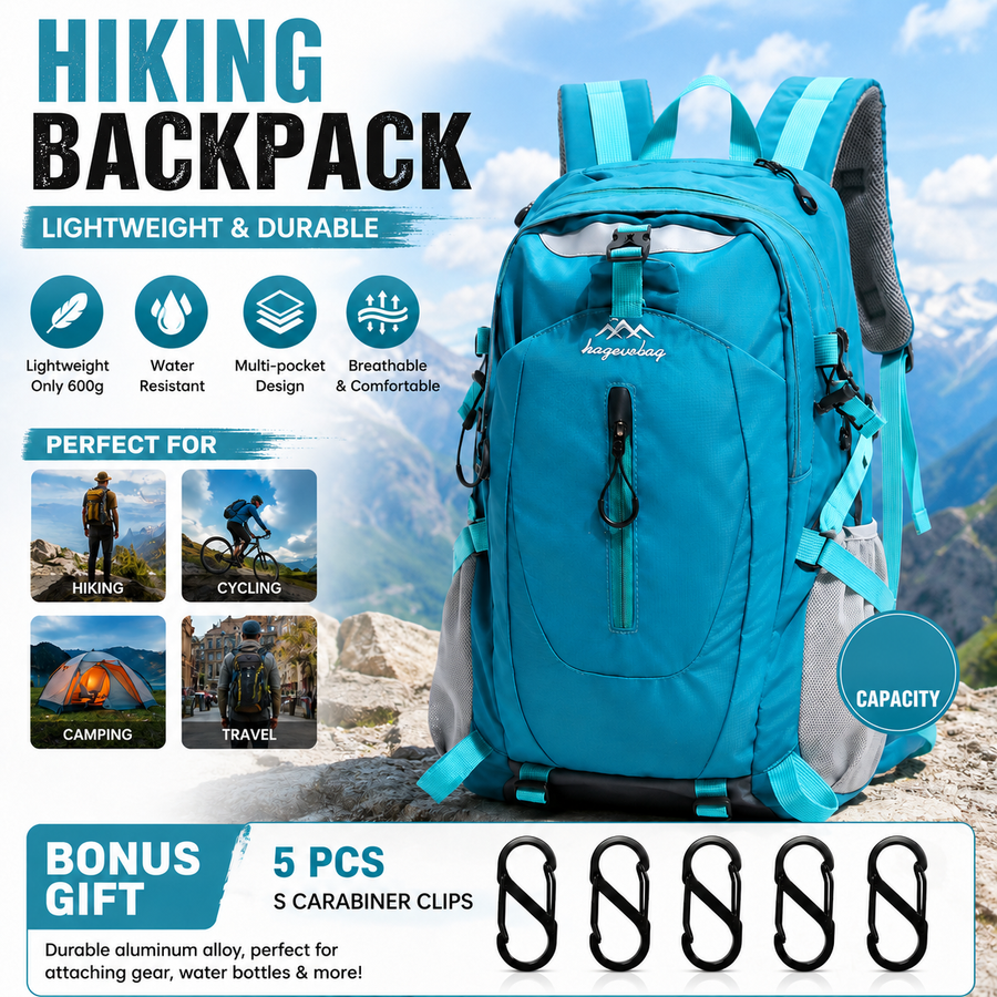 Lake Blue Hiking Backpack with 5 Carabiners Included – Lightweight Waterproof Outdoor Daypack for Men and Women, Breathable Cycling Hiking Trekking Camping Travel Backpack
